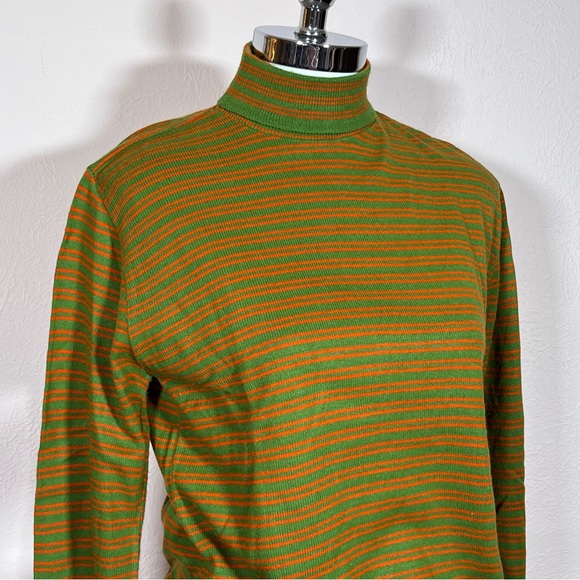 Vintage Sweaters - Vintage 1970's Avocado green Orange Mod striped MCM Ribbed turtleneck sweater